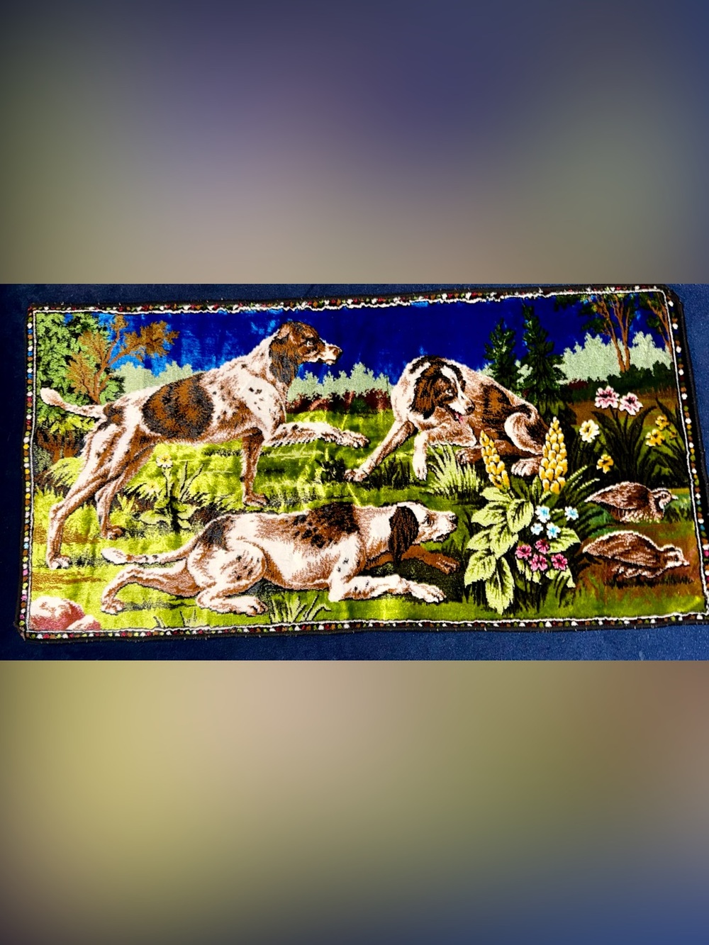 Velvet tapestry wall hanging, vintage hunting scene